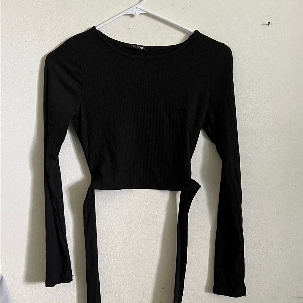 Papermoon Black Long Sleeve Tie Crop Top